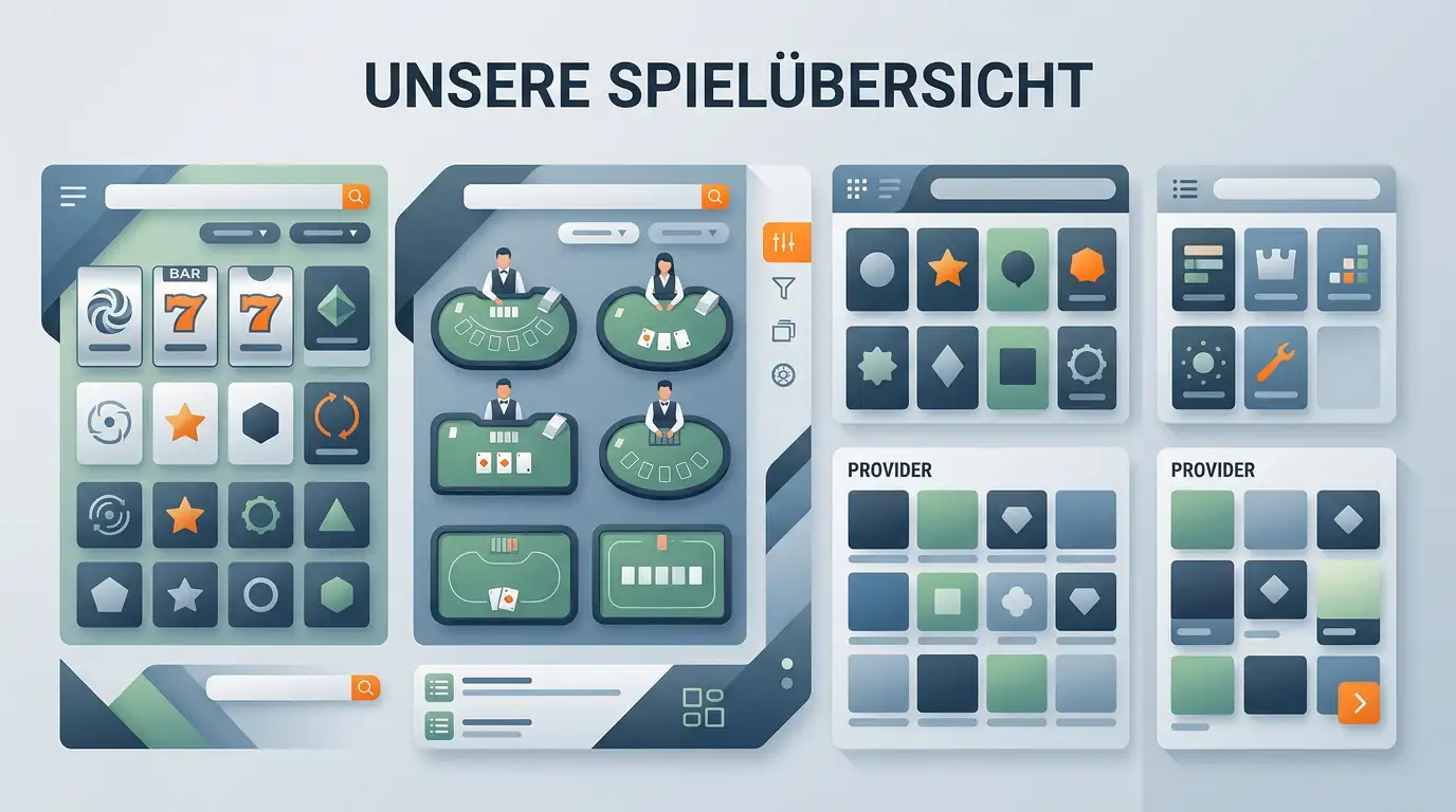 Illustrative Casino-Spielbibliothek mit abstrakten Bereichen für Slots, Live-Tische und verschiedene Studios ohne Markenlogos