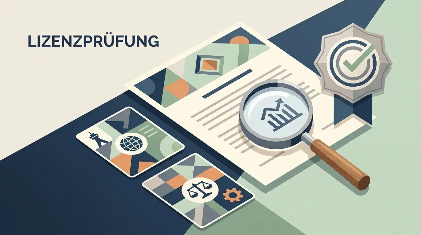 Abstrakte Lizenzprüfung mit Dokument, Prüfsiegel und Lupe