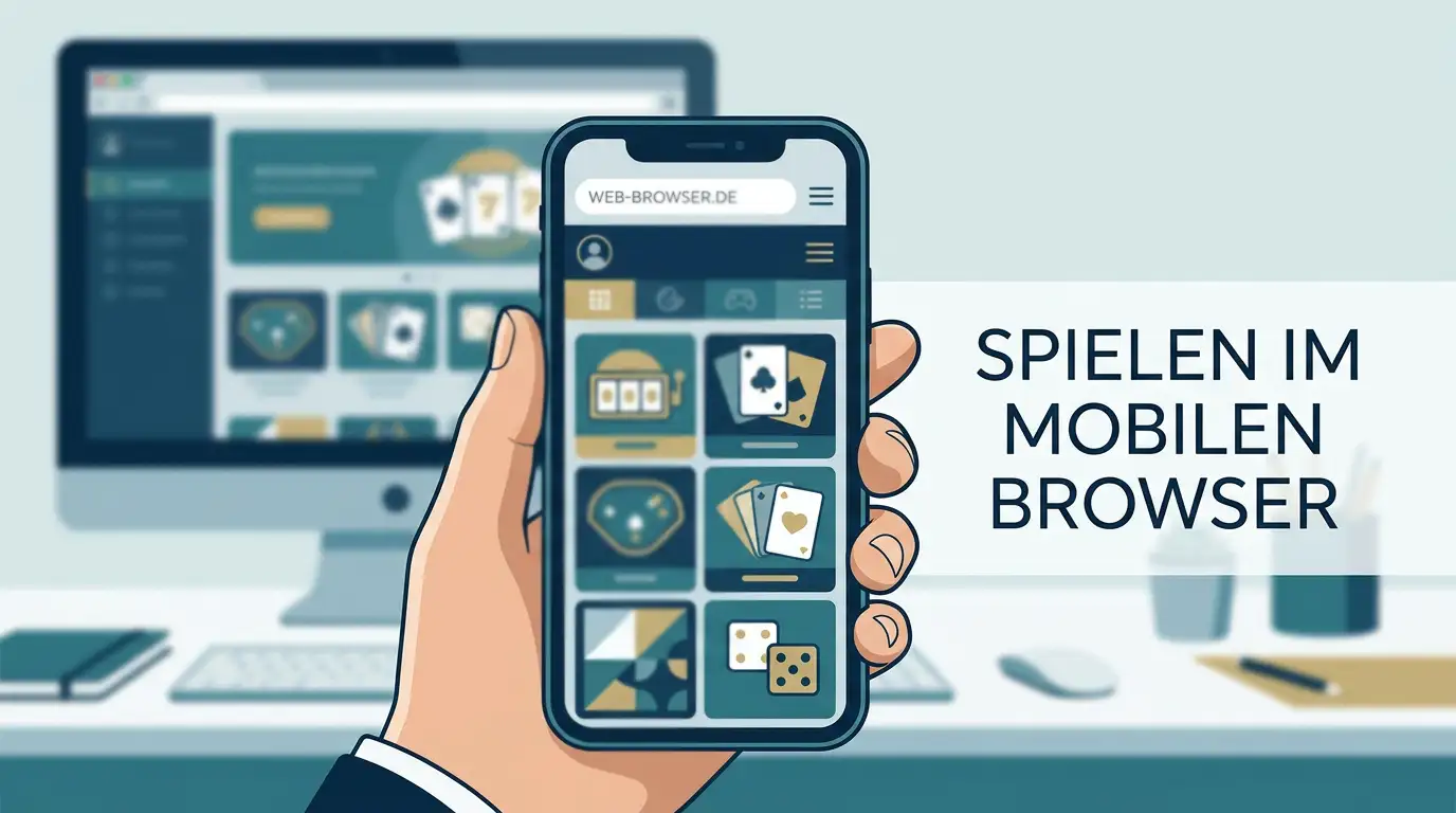 Illustration eines Smartphones mit mobiler Casino-Nutzung im Browser ohne App-Store-Logos oder Markenoberfläche