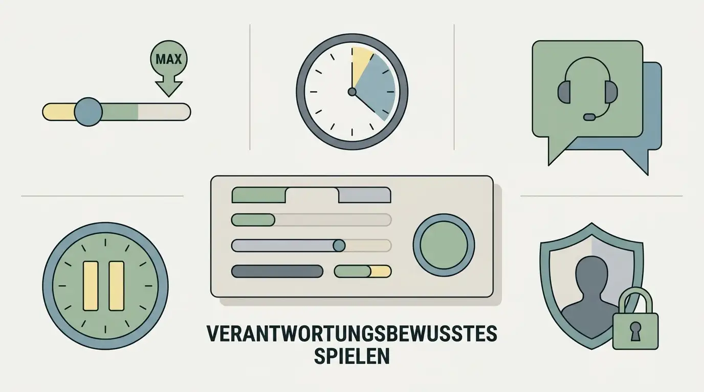 Ruhiges Kontrollpanel mit Symbolen für Budgetlimit, Spielpause und Kontoschutz