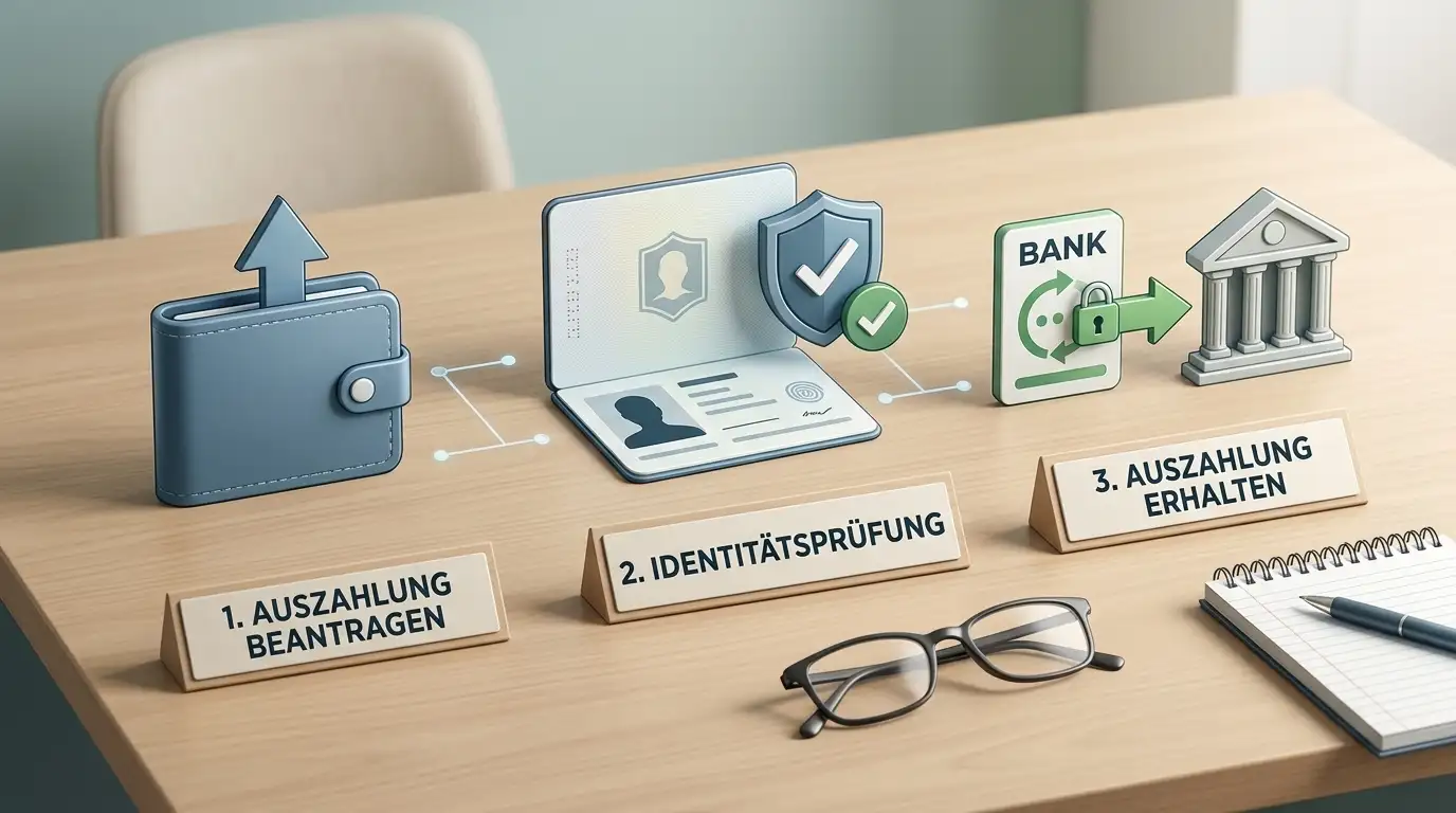 Illustrativer Ablauf einer Casino-Auszahlung von Antrag über KYC-Prüfung bis zum Zahlungseingang